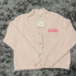 Wicked x Katie Kime Glinda Light Pink Fuzzy Cardigan with Butterfly Buttons